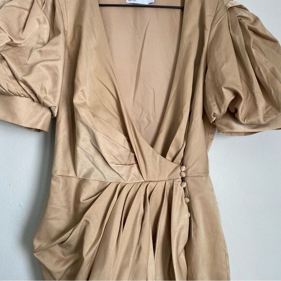 ASOS DESIGN khaki wrap front puff sleeve pleated drape front mini dress - Picture 3 of 4